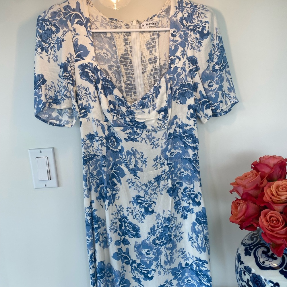 Reformation, blue and white short dress
